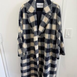 Stand Studio Women's Navy and Cream Plaid Teddy Jacket